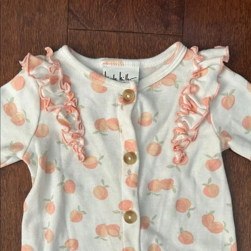 Nicole Miller Peach Print Kids Footie with Buttons and Ruffles, Size 3-6 Months